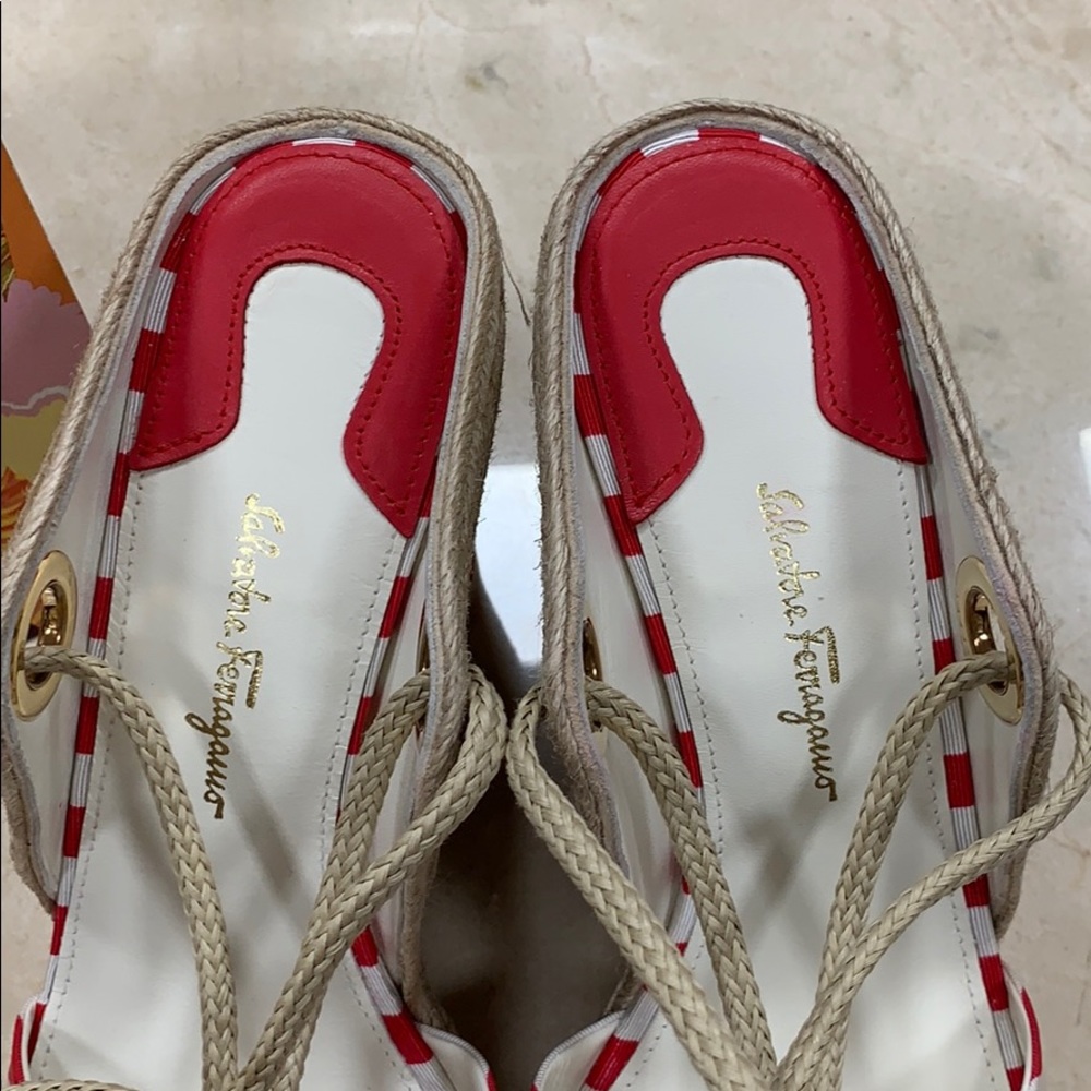 SALVATORE FERRAGAMO RED WHITE STRIPED FABRIC JUTE ESPADRILLES W/CALF LEATHER 8.5 - Picture 7 of 14